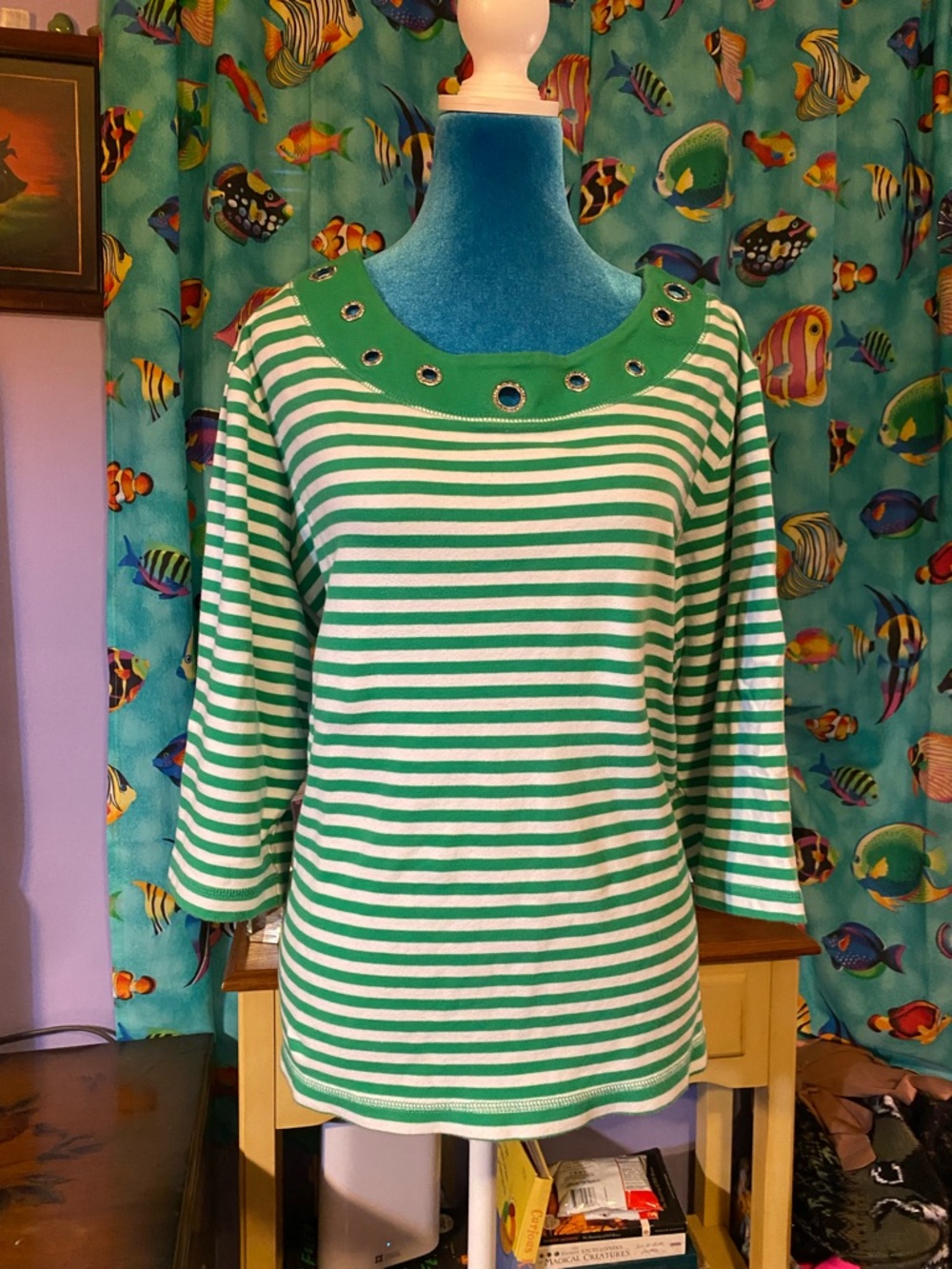Quacker Factory Green and White Striped Grommet Boatneck Top